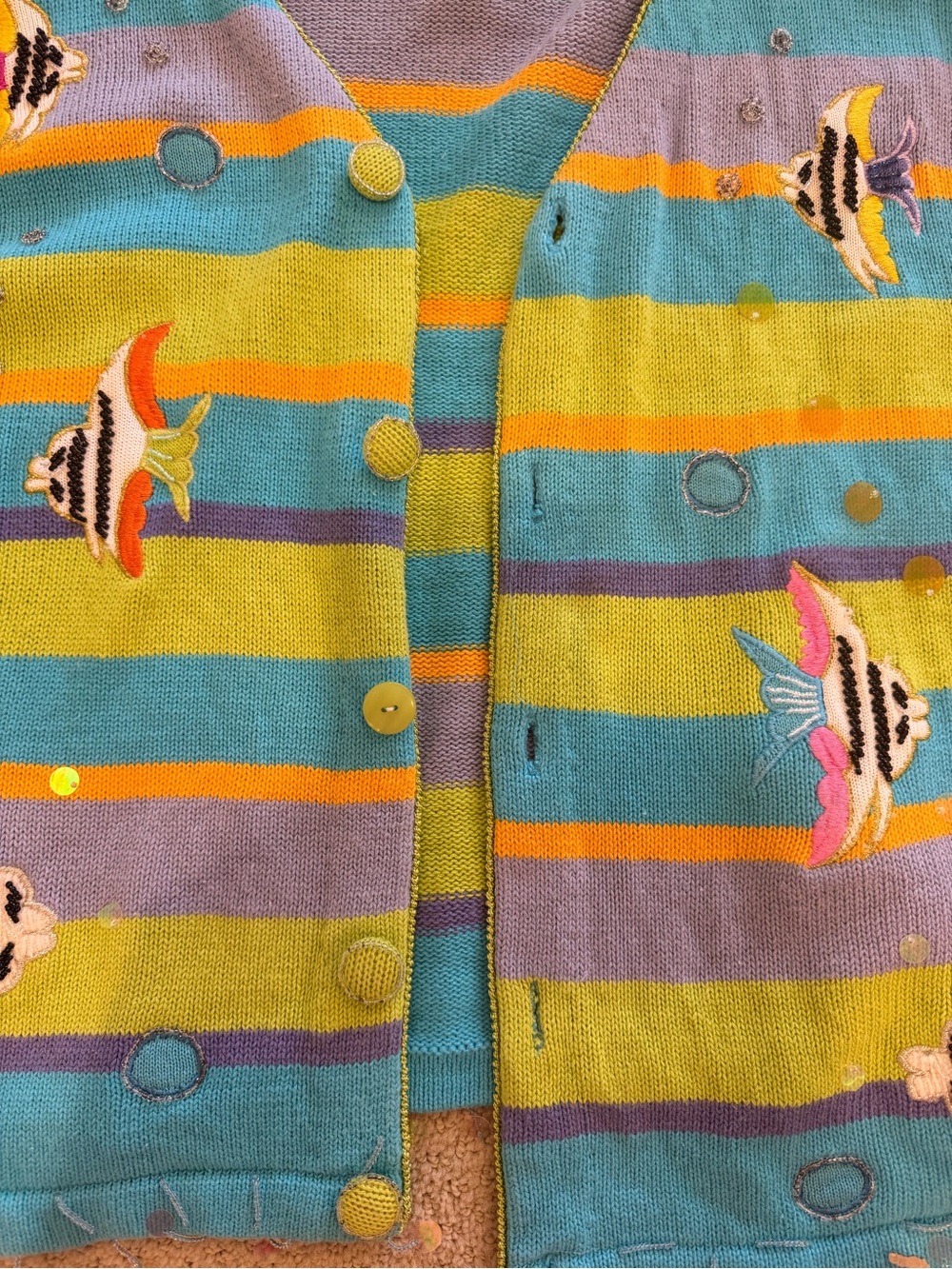 Colorful Striped Fish Embroidered Cardigan - Blue & Green - Picture 2 of 5